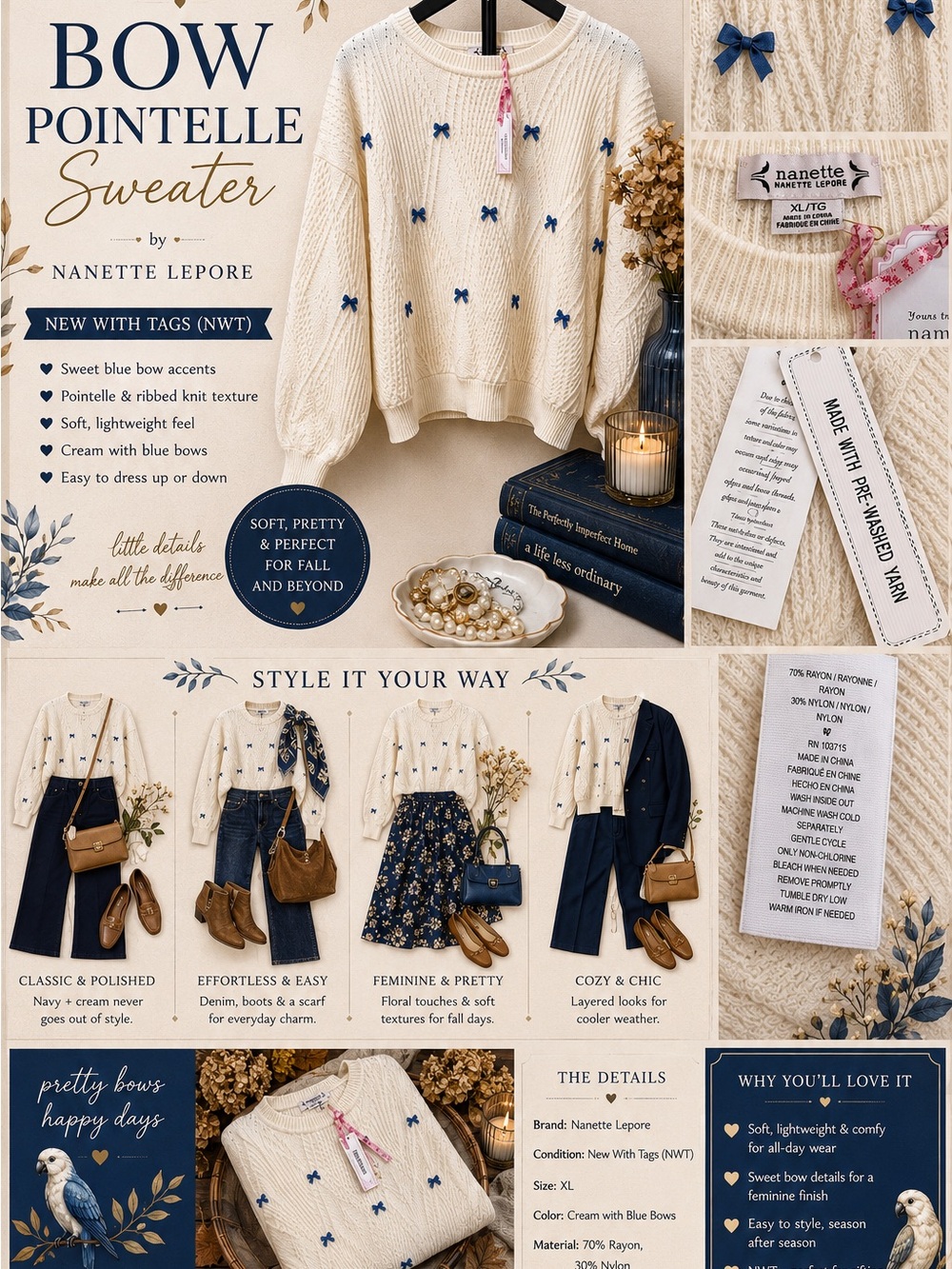 Nanette Lepore Cream Pointelle Sweater with Blue Bow Accents